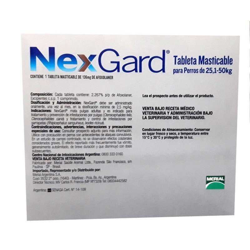 Nexgard antipulgas/garrapatas/ácaros, 1 Tableta masticable, de 25,1-50 kg