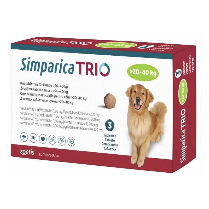 Simparica Trio antiparasitario interno y externo. 1 tableta masticable, de 20-40 kg