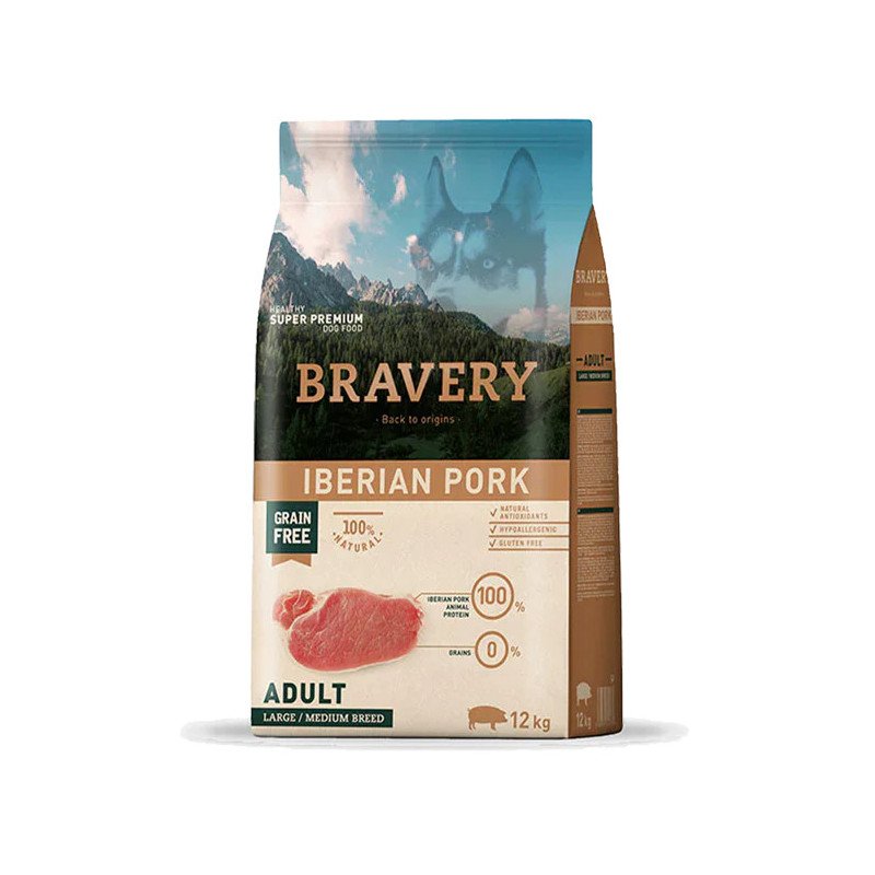 Bravery Monoprotéico, Libre de Granos, Adulto Razas Medianas y Grandes, Cerdo Ibérico, 12 Kg