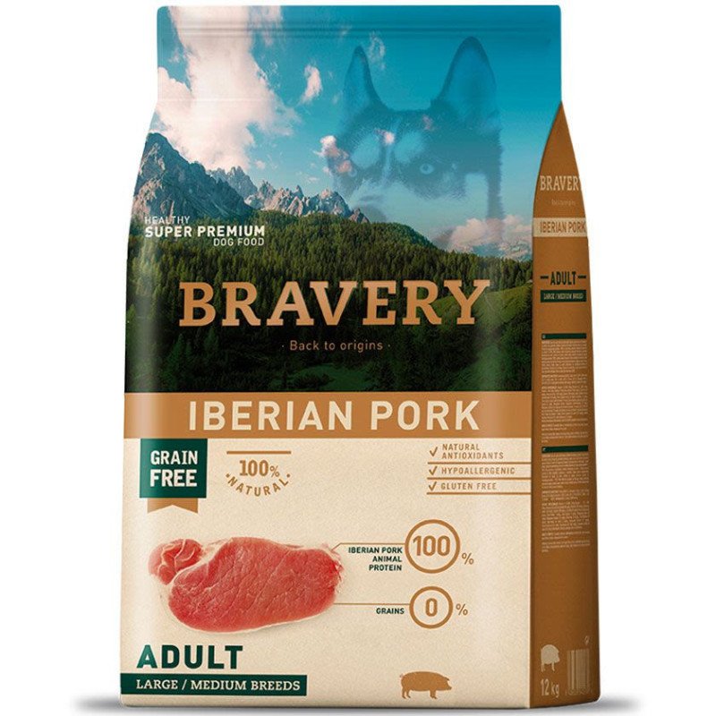 Bravery Monoprotéico, Libre de Granos, Adulto Razas Medianas y Grandes, Cerdo Ibérico, 12 Kg