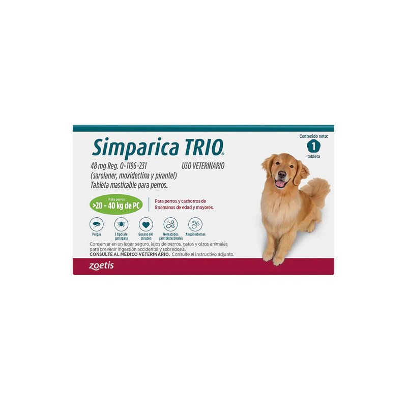 Simparica Trio antiparasitario interno y externo. 1 tableta masticable, de 20-40 kg