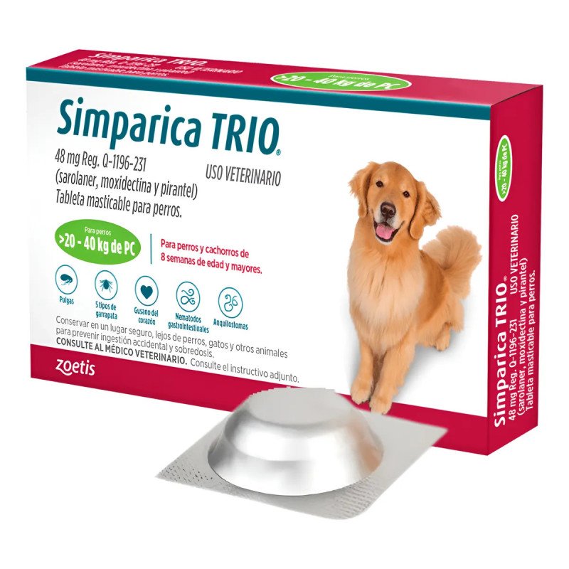 Simparica Trio antiparasitario interno y externo. 1 tableta masticable, de 20-40 kg