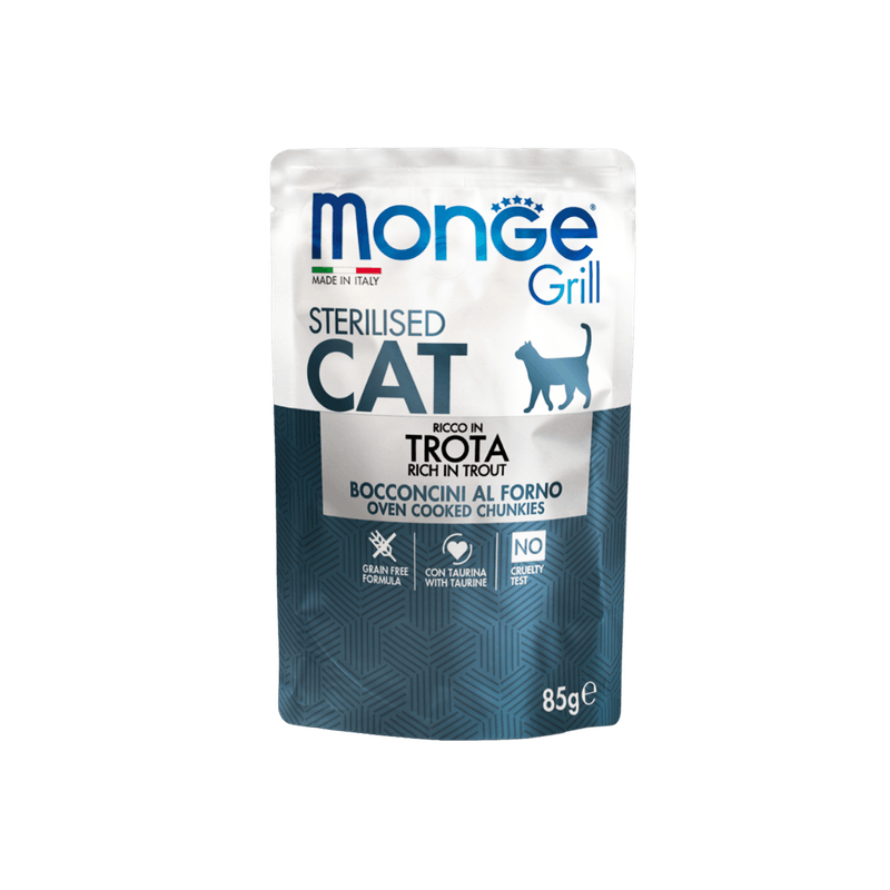 Monge Grill Gato Adulto Esterilizado, Libre de granos, Sabor Trucha, 85 g