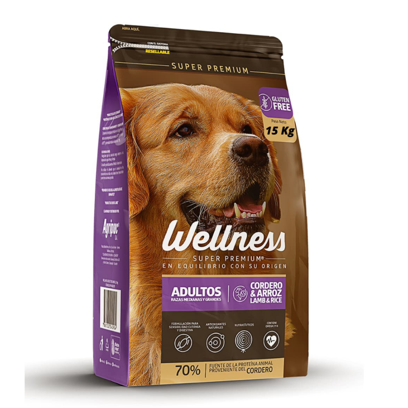 Wellnes Adultos Razas Medianas y Grandes, sabor a Cordero y Arroz, 15 kg