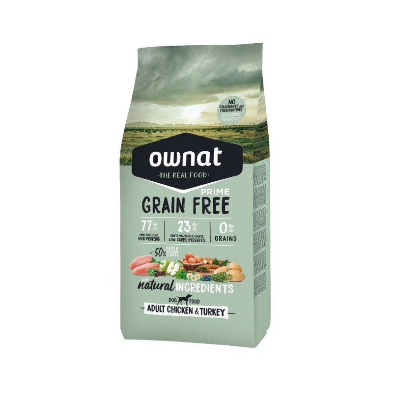 Ownat Natural Super Premium, Libre de Granos, Adultos todas las Razas, Pollo y Pavo Fresco