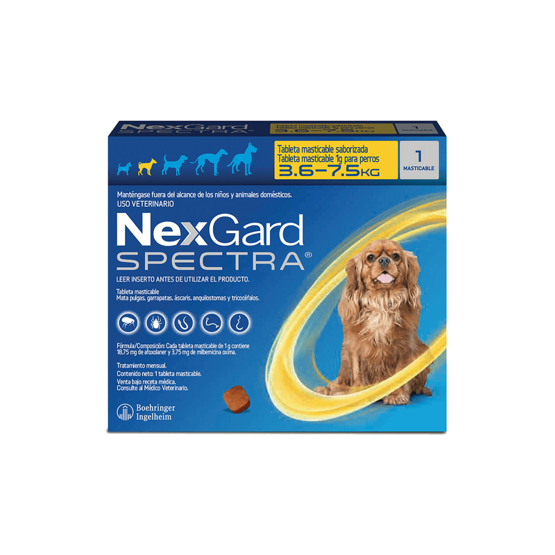 Nexgard Spectra, desparasitante interno y externo, 1 Tableta masticable, de 3.6 - 7.5 Kg