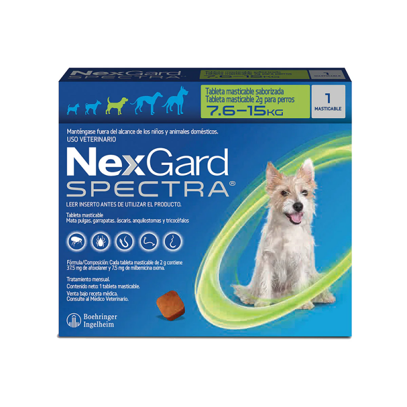 Nexgard Spectra, desparasitante interno y externo, 1 Tableta masticable, de 7.6 - 15 Kg