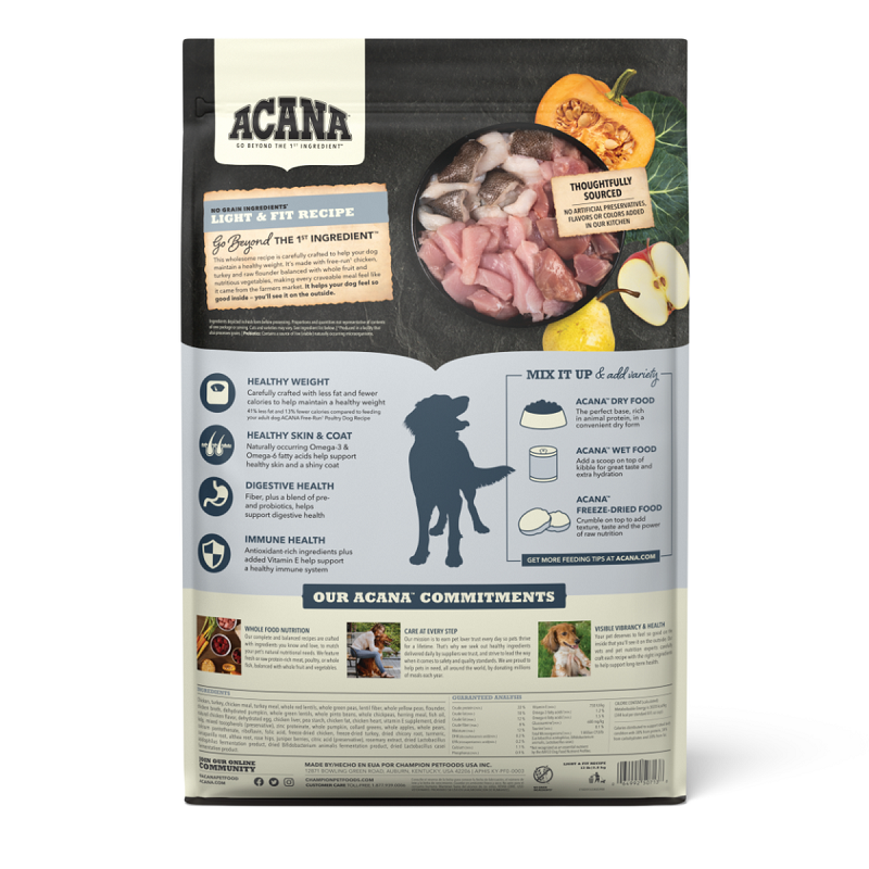 Acana Light & Fit Recipe, Control de peso, Libre de Granos, Todas las razas y edades, Pollo y Pavo frescos de libre pastoreo