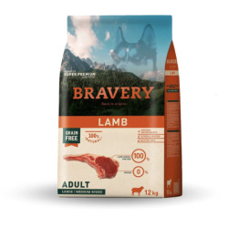 Bravery Monoprotéico, Libre de Granos, Adulto Raza Mediana y Grande, Cordero, 12 Kg